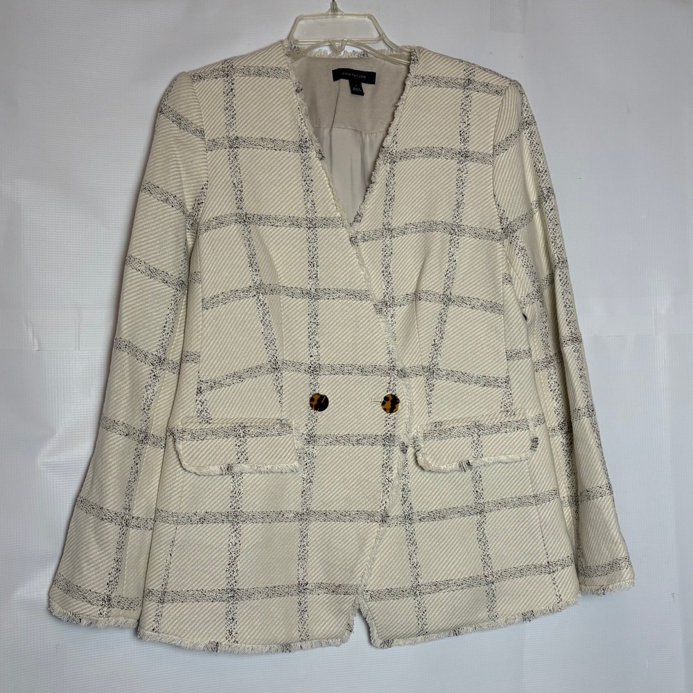 Ann‎ Taylor Windowpane Tweed Fringe Blazer Jacket Womens Size 4 Collarless Work
